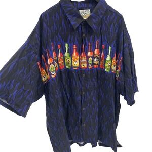 Big Dogs Mens 4X Button Up Collared Shirt Black w blue flames bottles Hot sauces
